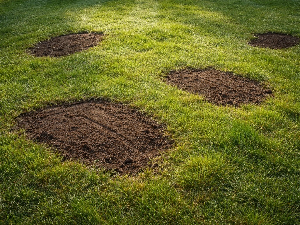 Bovenaanzicht van een gazon met kale plekken die worden bijgewerkt met glad afgestreken bemeste tuinaarde.