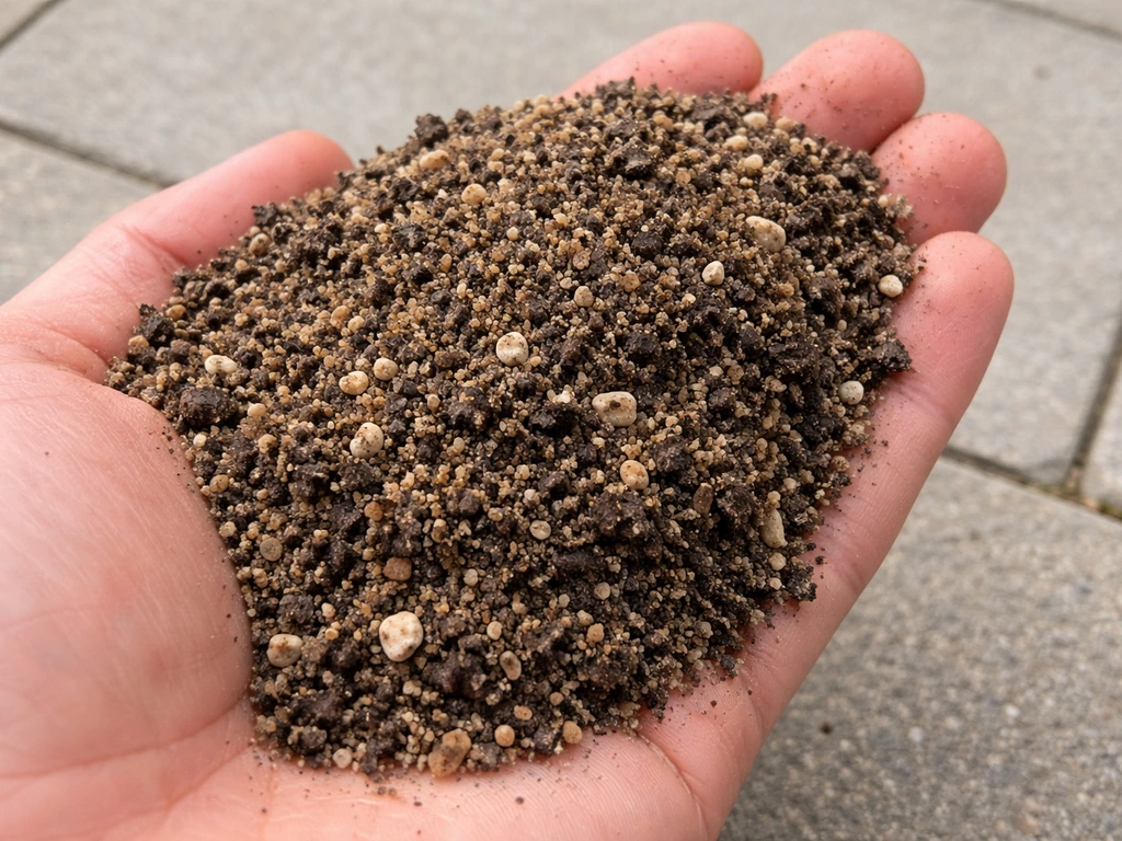 Close-up van korrelige tuinaarde-mix met grof zand en compost, geschikt voor het verbeteren van je gazon.