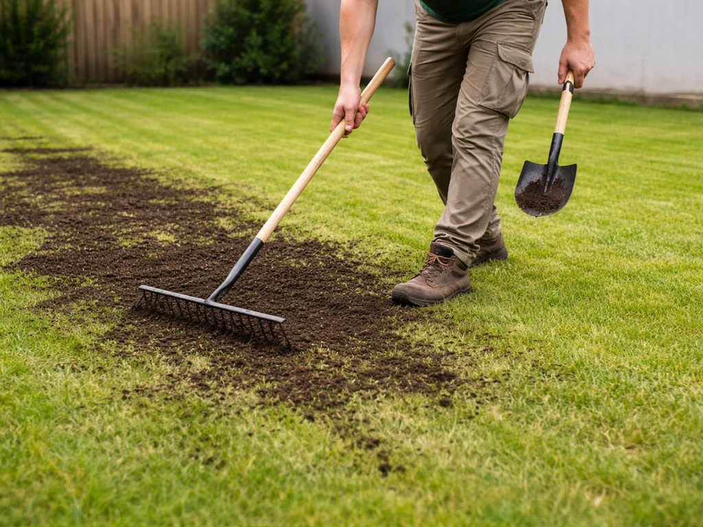 Tuinman met hark over vers gemaaid gras terwijl tuinaarde gelijkmatig wordt uitgerold