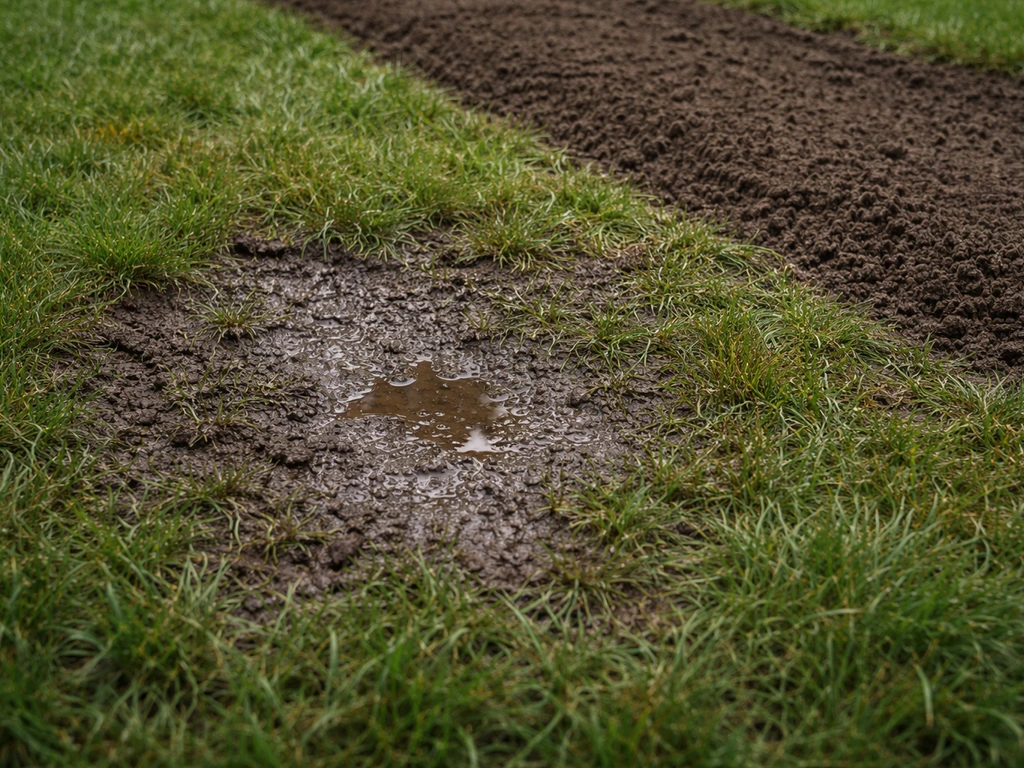 Natte plek op een grasveld na regen, met een afgewerkte strook tuinaarde naast de klei-verdachte zone.