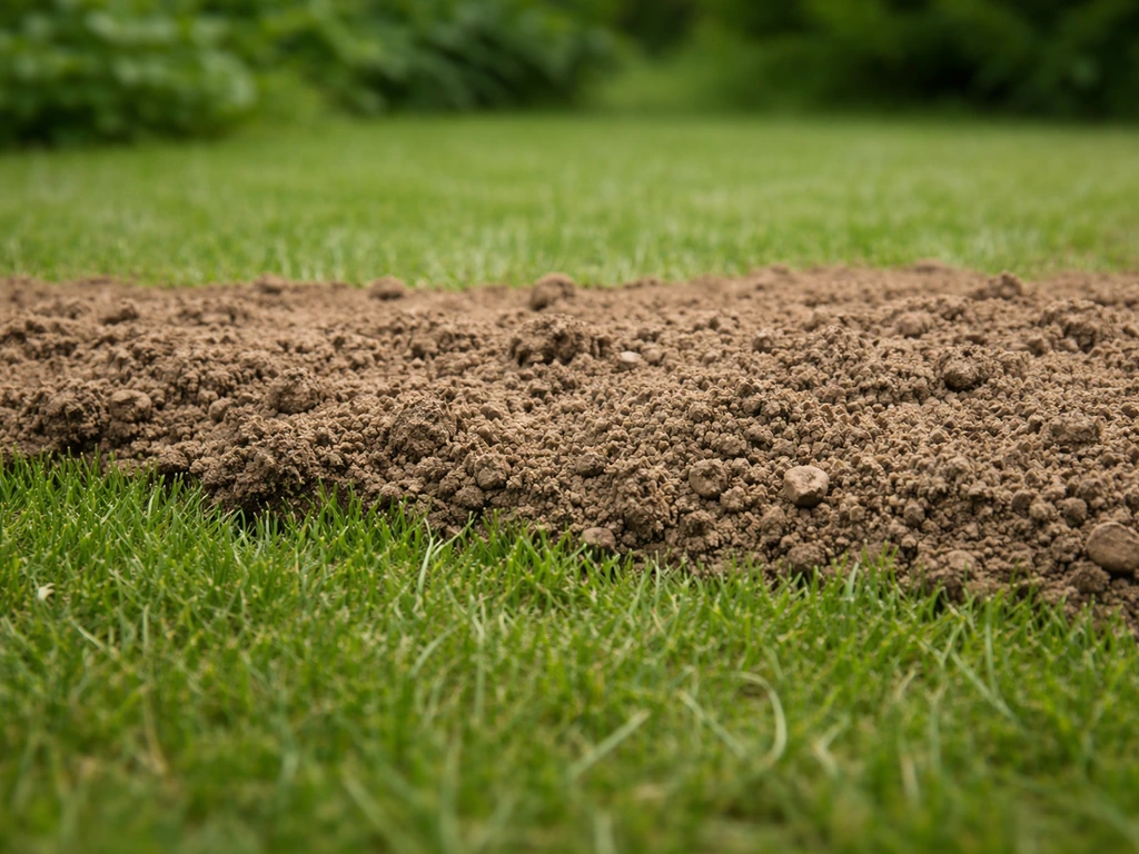 Close-up van een dichte grasmat met een losse laag tuinaarde erbovenop en een duidelijke grenslijn.