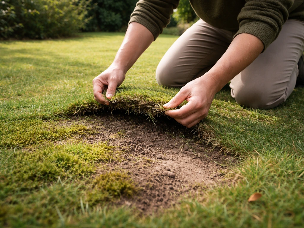 Persoon buigt in de tuin over een gazon en inspecteert mos, kale plekken en ongelijkgroei