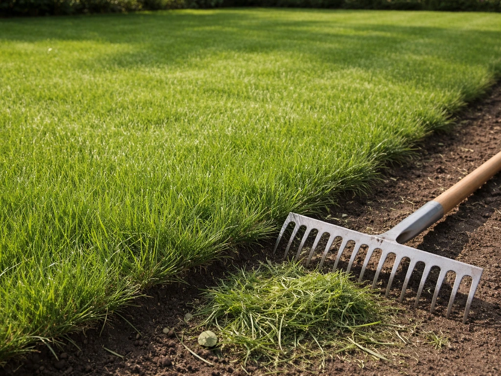 Voorjaarsgazon van ca. 5–6 cm, net gemaaid, met jonge grassprieten en een hark voor het opruimen bij de rand.