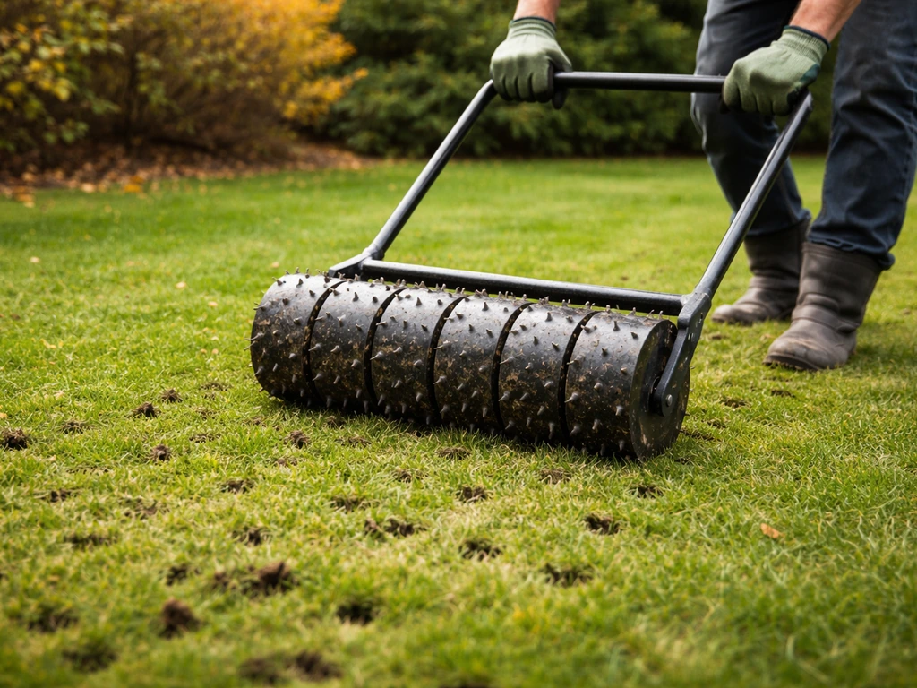 Een gazon dat wordt belucht met een beluchtingswals; kleine kuiltjes in het gras in de herfst.