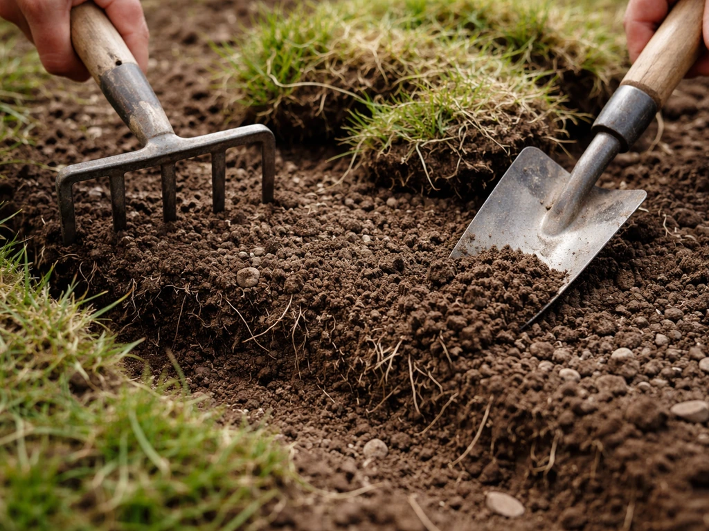 Close-up van het verwijderen van gras met spikhark en kleine schop, met zichtbare wortels en steentjes in de grond.