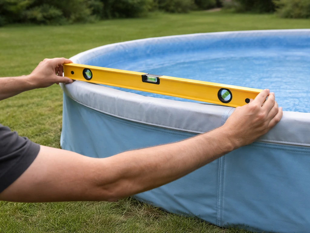 Iemand controleert met een waterpas een leeg zwembad op gras, met zichtbare ongelijkheid in de ondergrond.