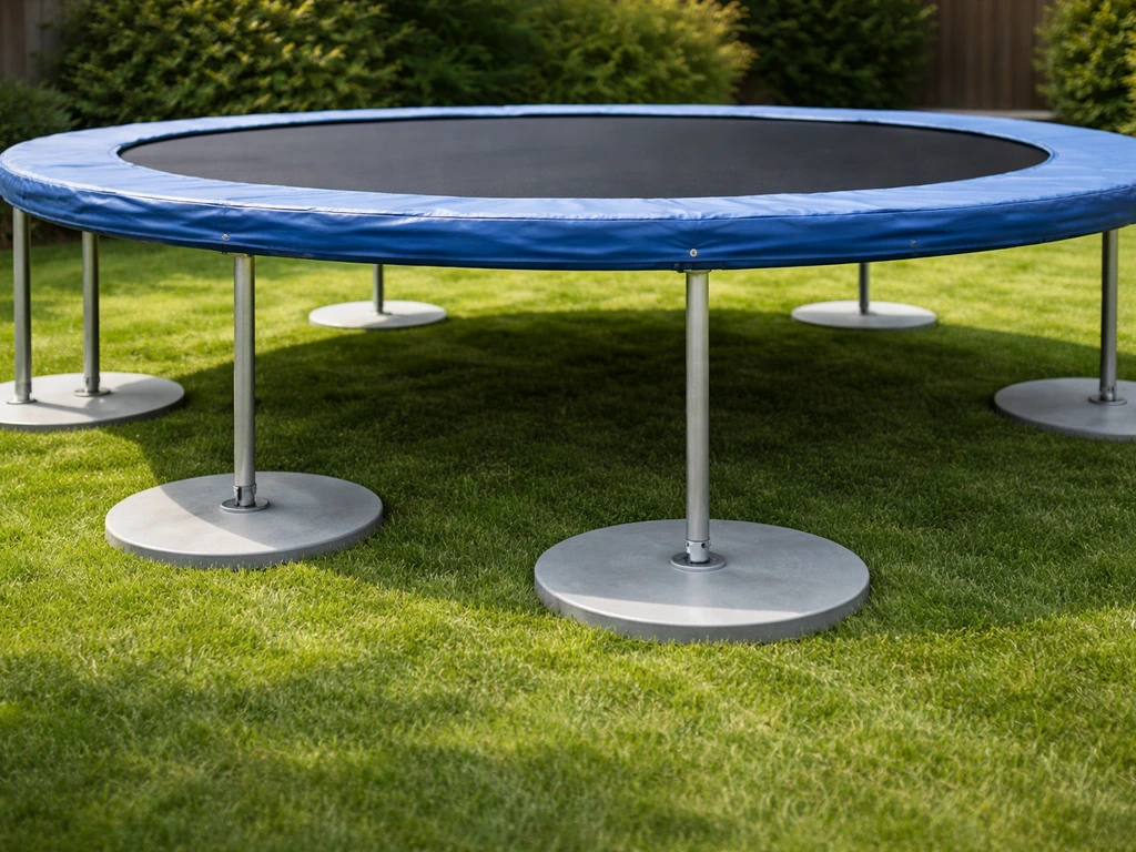 Trampoline op gras in een Nederlandse tuin, met onderlegschijven onder de poten voor stabiele plaatsing.