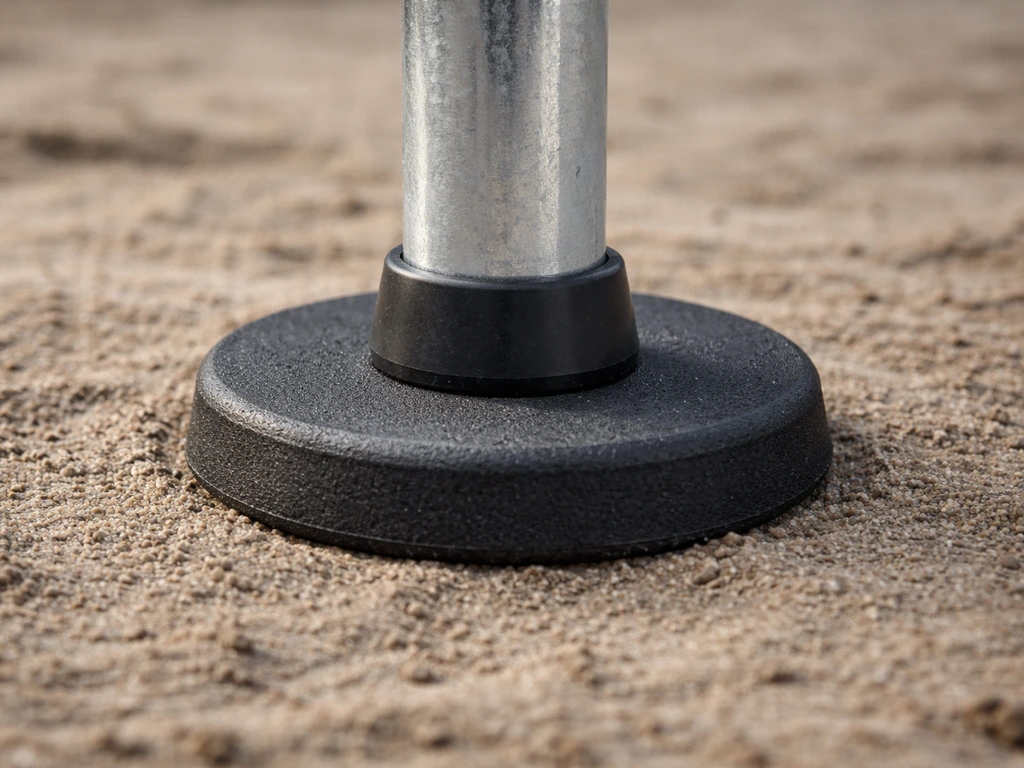 Close-up van een rubber onderlegschijf onder een trampolinepoot die het gewicht verdeelt op de grond