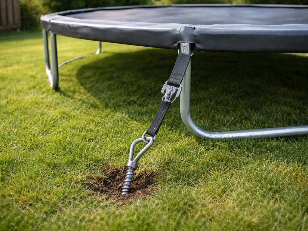 Een tuintrampoline met zichtbare grondankers/J-haken die in de grond zijn vastgemaakt tegen omwaaien.