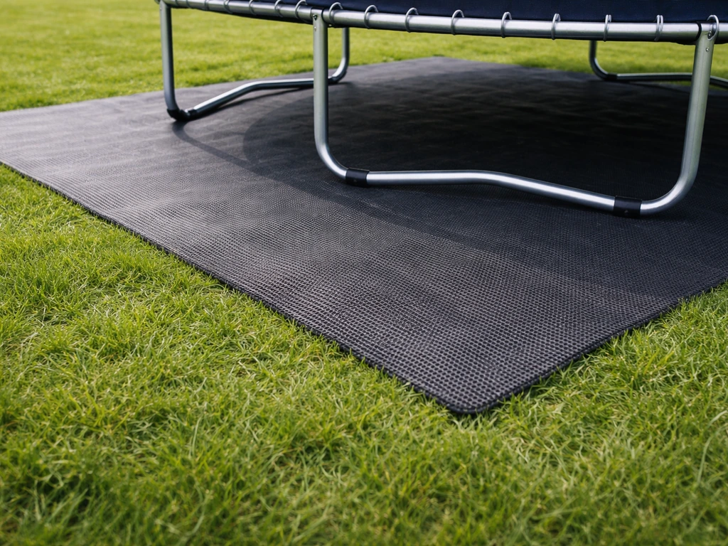 Beschermingsmat op gras onder een trampoline, klaar voor tijdelijke plaatsing zonder het veld te beschadigen.