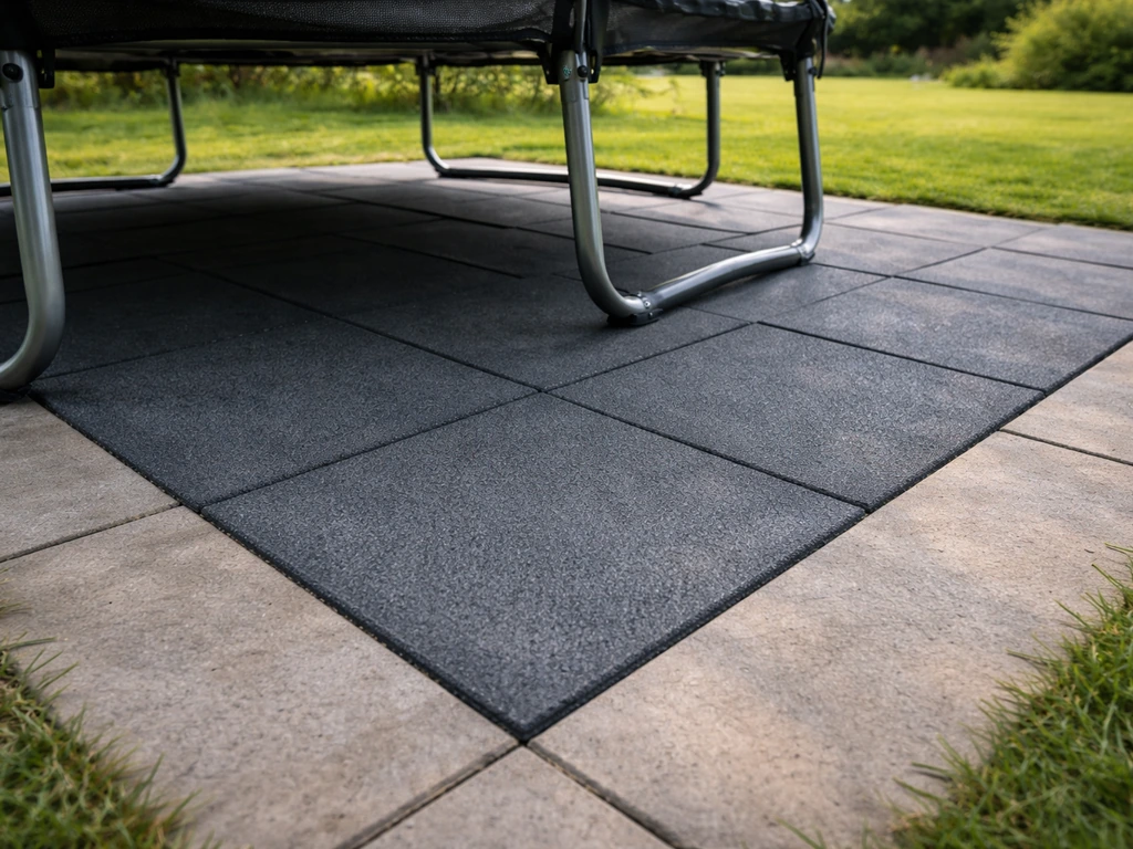 Trampolinezone met antisliptegels en betonnen platen als vlakke, vaste basis onder de poten