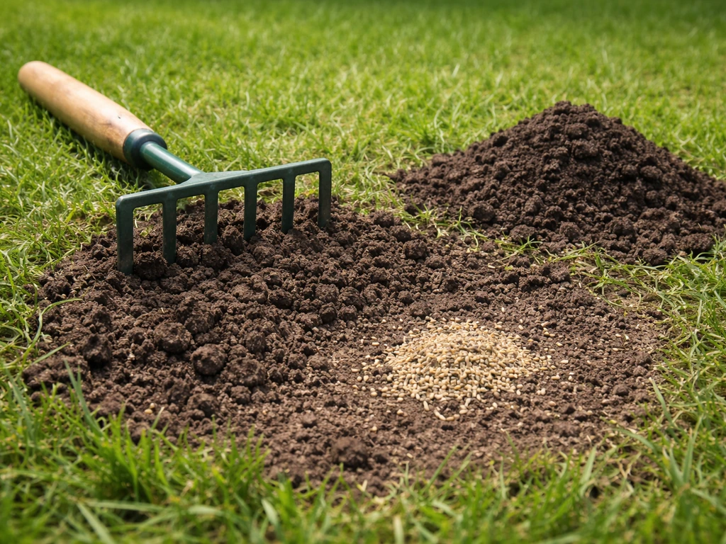 Close-up van een kale plek in het gazon waar tuinzand en herstelzaad klaarliggen, met een hark.