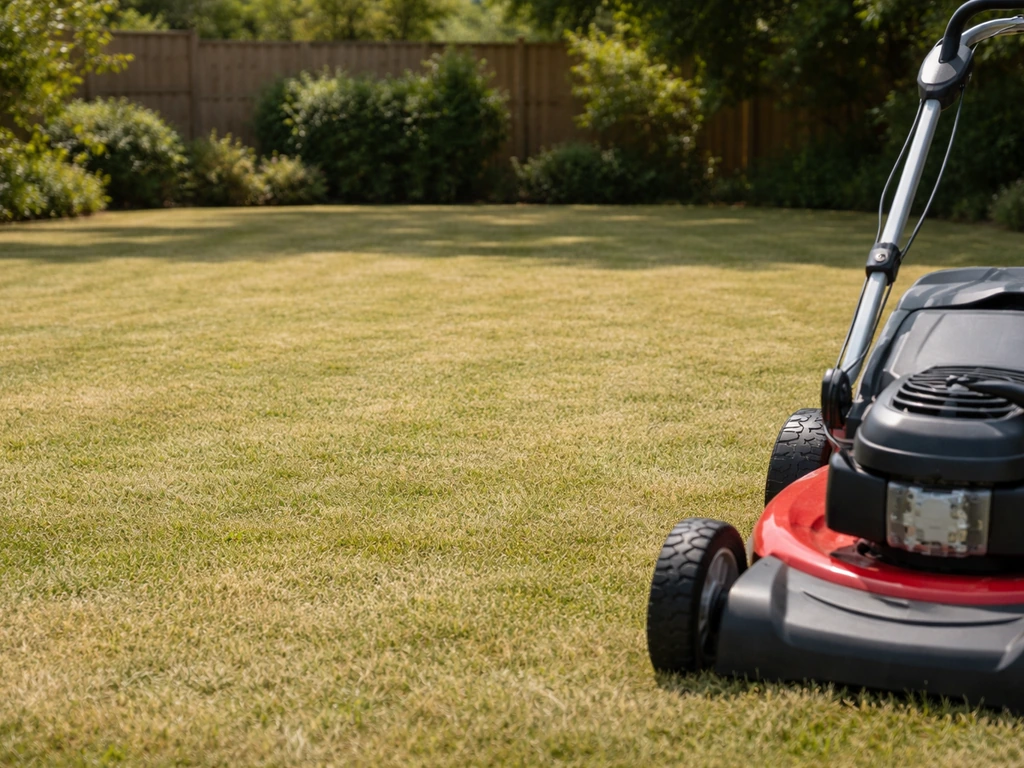 Schoon en droog gazon vóór het maaien, met opgeruimde werkplek in een rustige tuin.