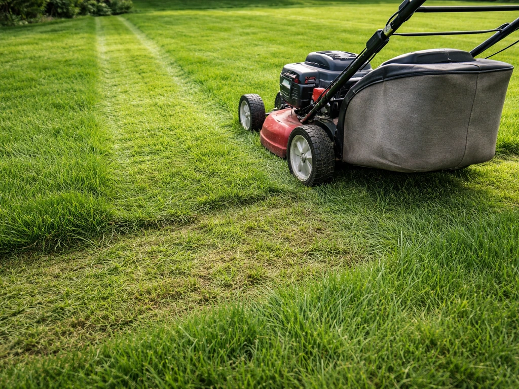 Gazonmaaier bij een kopse kant met rommelige overlapping en platgedrukt gras op de omkeerplek