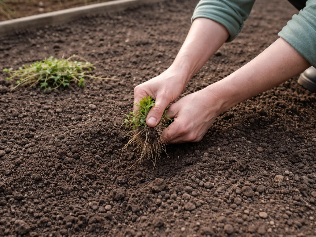 Handen die handonkruid uittrekken uit kale grond, met schone, voorbereide tuinbodem zonder resten.