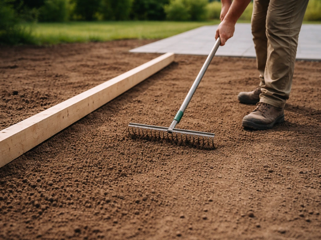 Close-up van een anonieme tuinhark en waterpas die net geharkte grond vlak maakt met afschot richting tuinzijde.