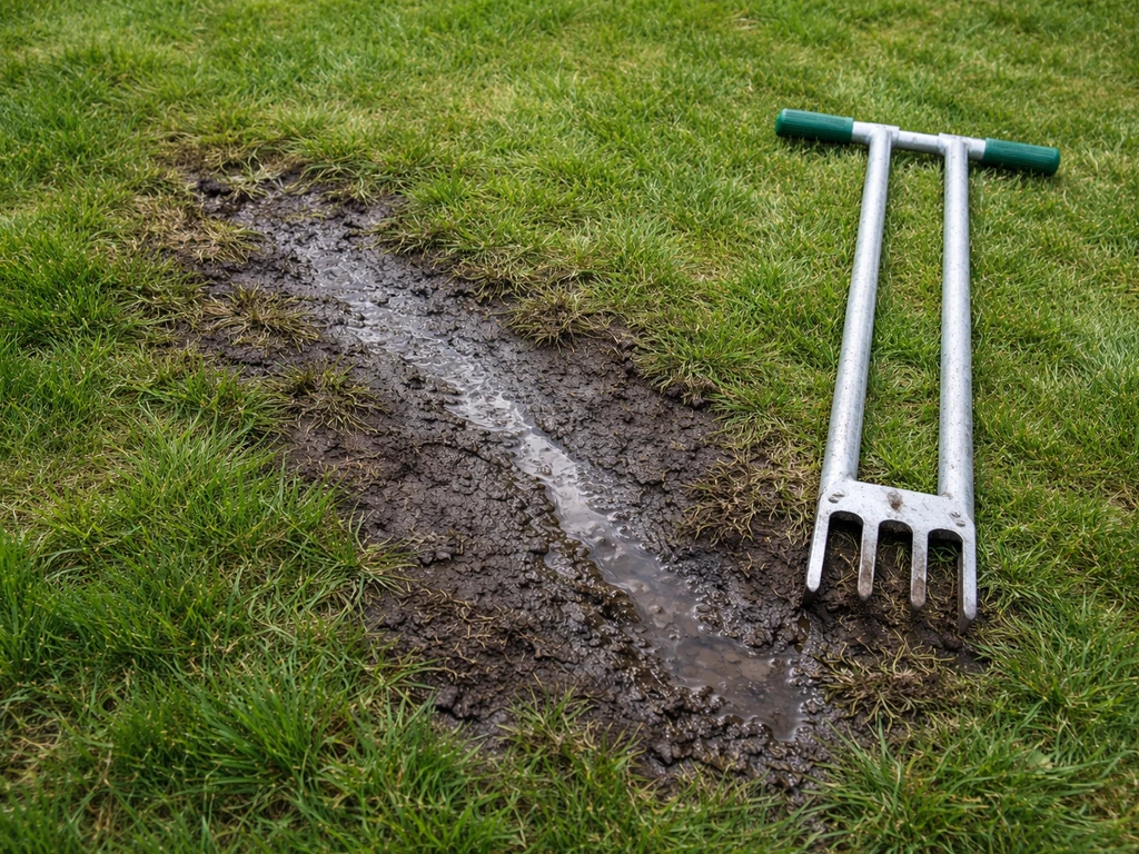 Natte plek in gazon met aflopende richting en holpijpbeluchter om drainage te verbeteren.