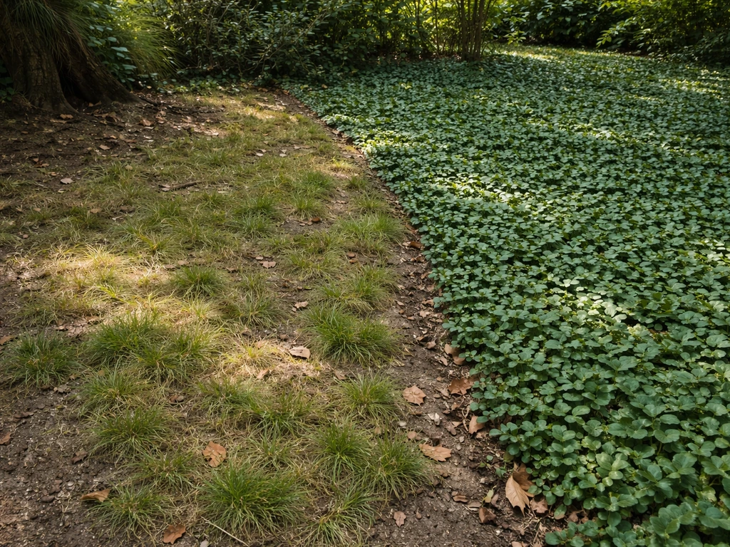 Schaduwrijke hoek in de tuin met dun, geel gras tegenover dichte bodembedekking onder bomen