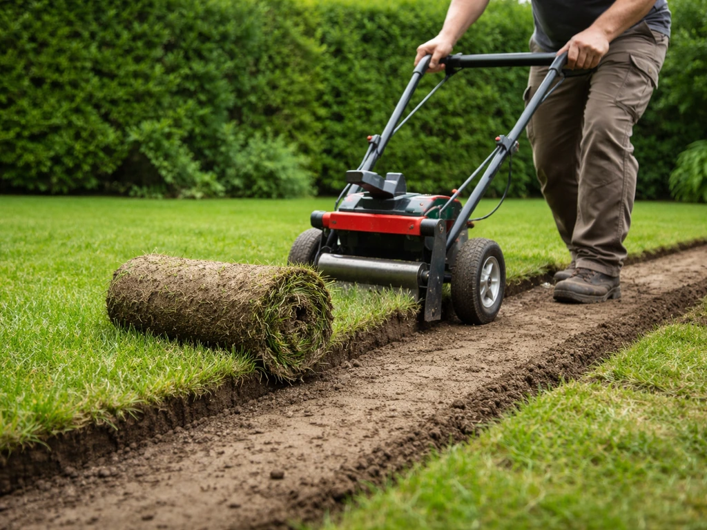 Handen met zodensnijder maken stroken gras los; opgerolde graszoden liggen klaar om te verwijderen.
