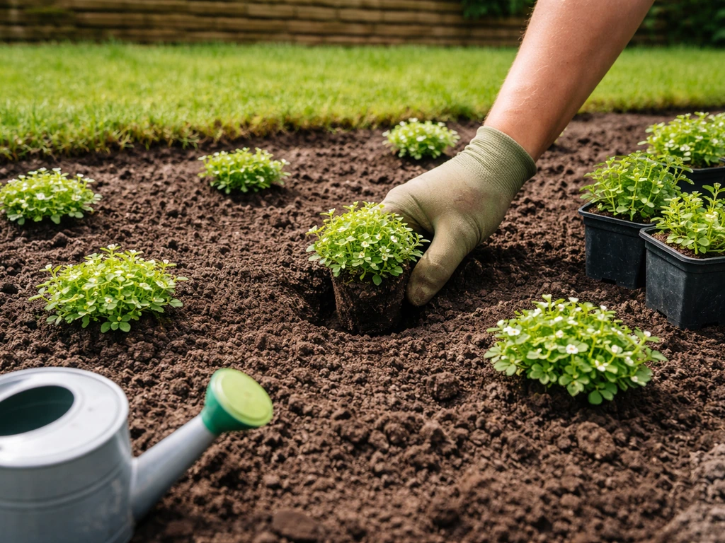 Hand plant bodembedekkers in voorbereid zandgrond met gieter klaar, met focus op plantafstand en direct aanzetten.