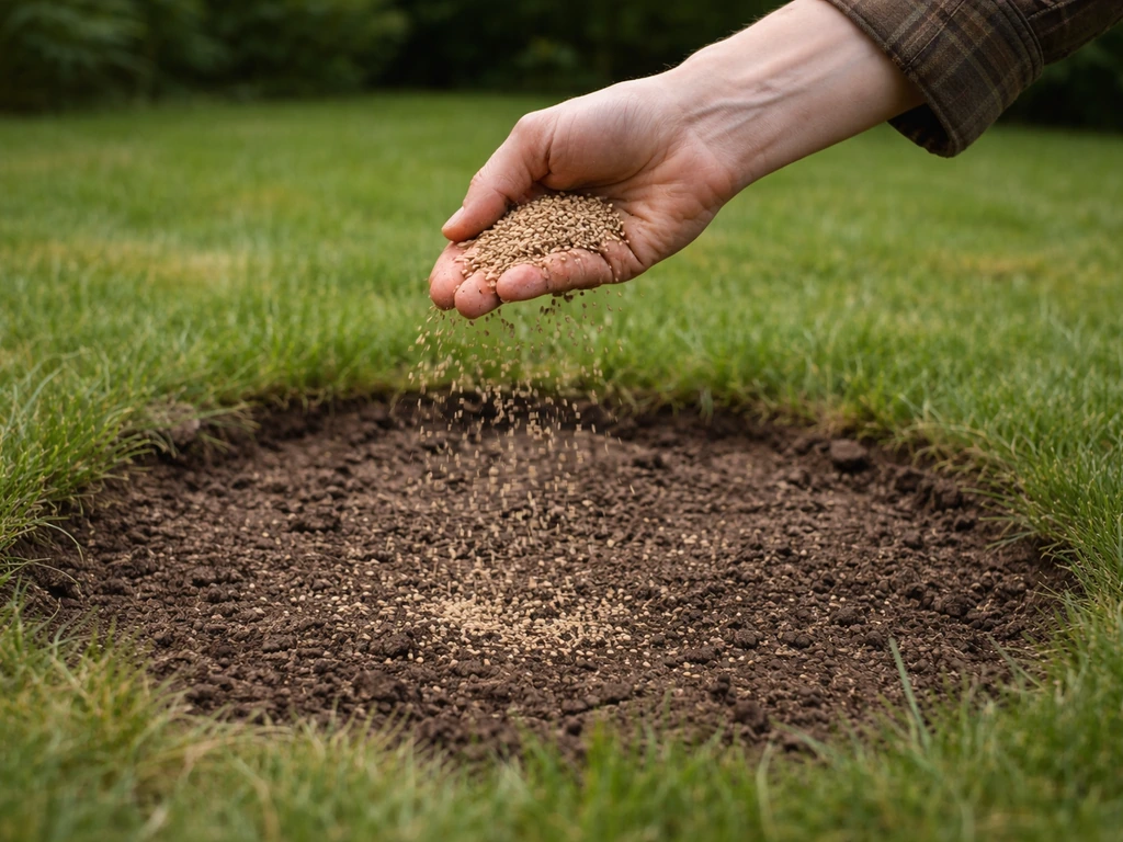 Hand die graszaad gelijkmatig over een kale plek in het gazon uitstrooit, dichtbij en realistisch.
