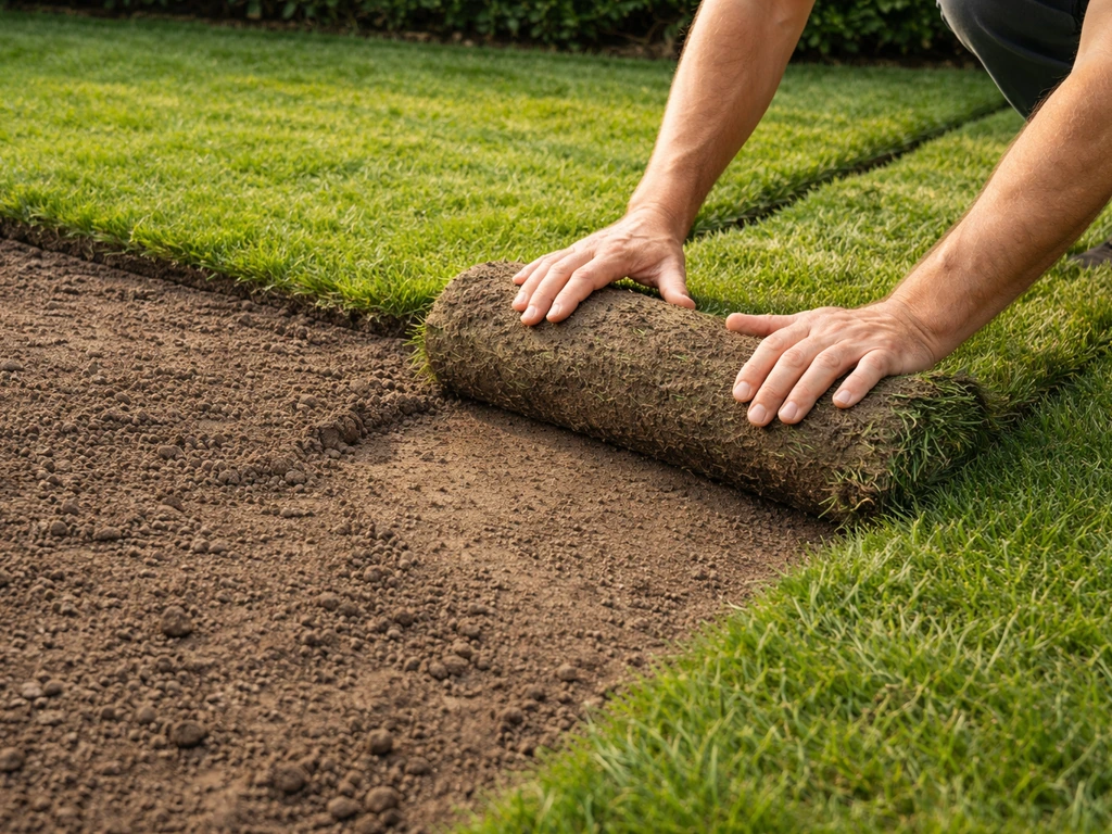 Tuinier legt een eerste rol graszode op omgespitte, vlak gemaakte aarde in een rechte strook naast bestaande grasrand