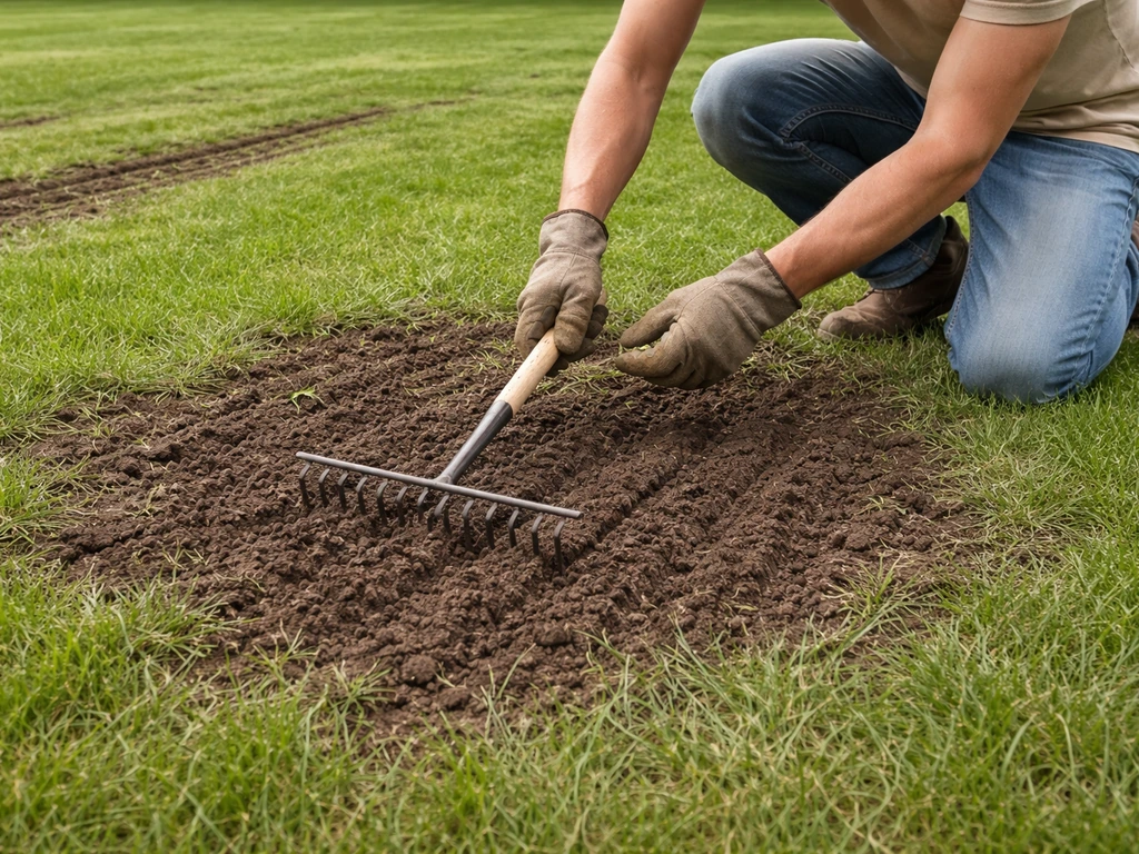 Persoon aan het werk met een hark op een gazon waar bewerkte stroken zichtbaar zijn