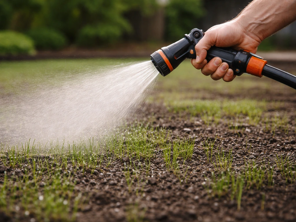 Fijne sproeienevel over pas ingezaaid gras, bodem vochtig zonder plassen in een rustige tuin.