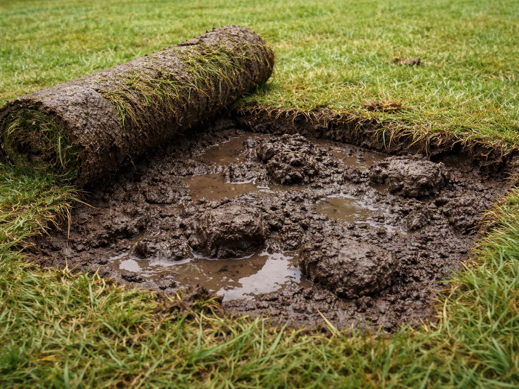 Kletsnatte uitgegraven graszode met opgerolde zoden en natte, modderige grond in een gazon.