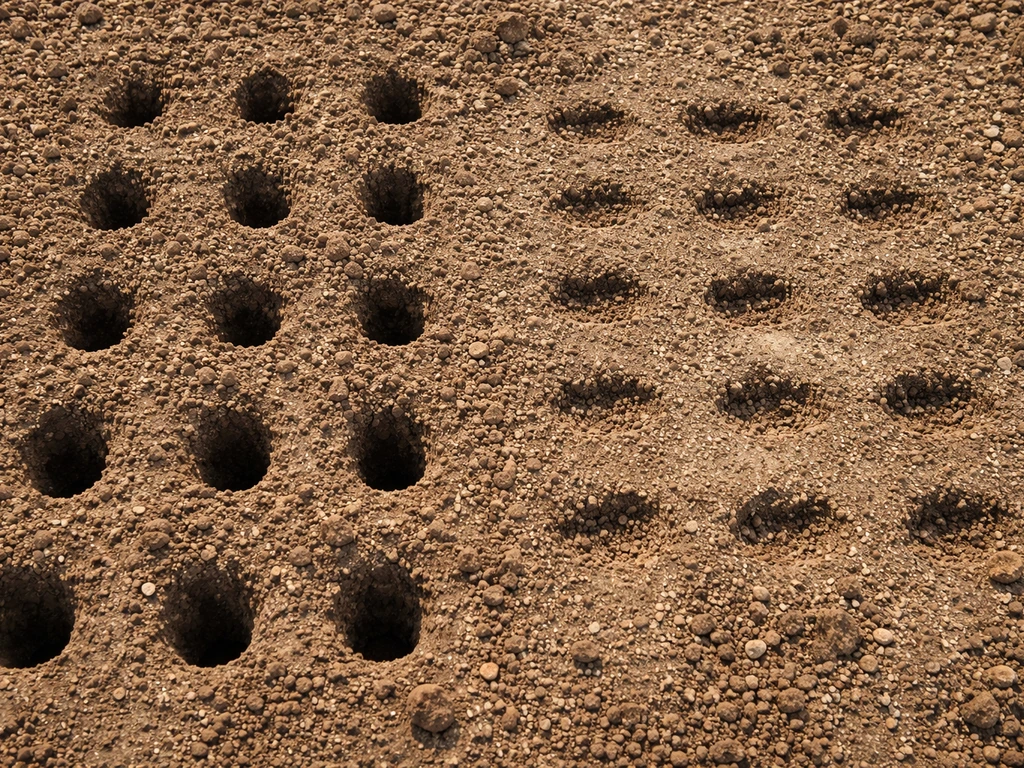 Close-up van gazonbodem met diepe beluchtingsgaatjes en ondiepe zaaigaten naast elkaar.