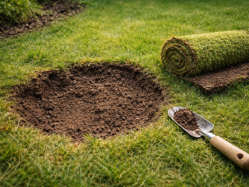 Uitgegraven herstelplek in een tuin met losgemaakte grond en omringend gras, klaar om zode terug te leggen.