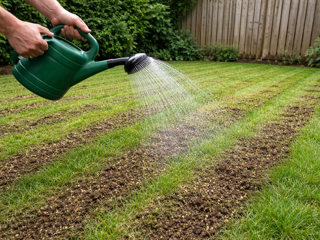 Tuinman spuit licht water op een gazon met zichtbare stroken topdressing na beluchten en doorzaaien
