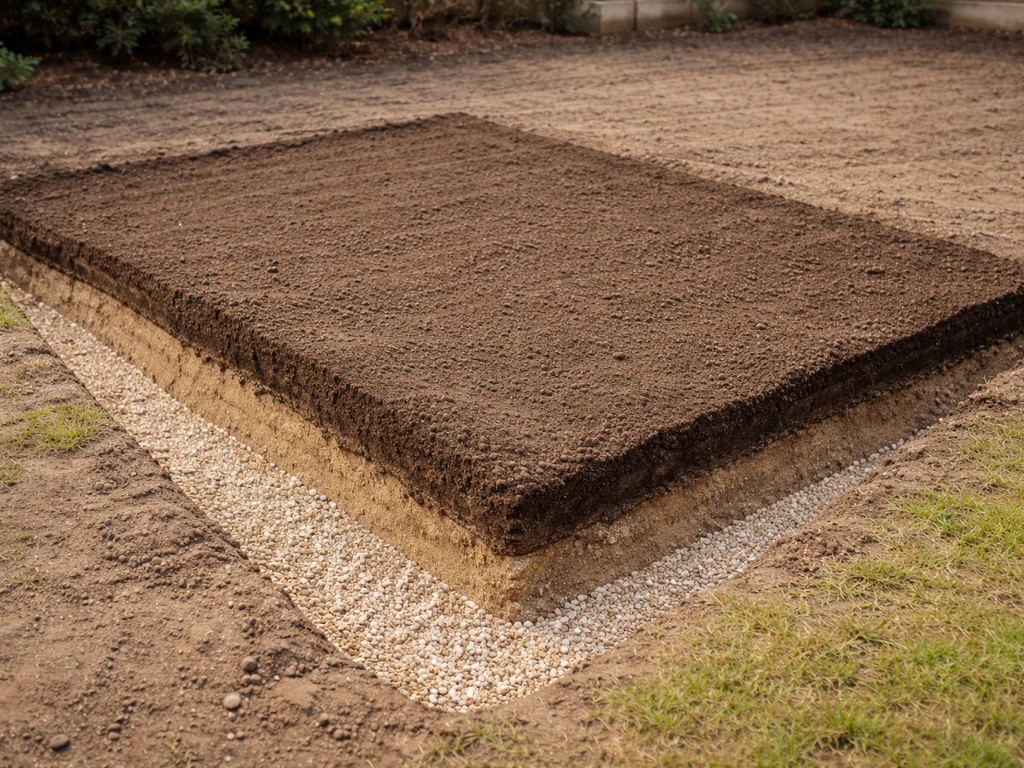 Bouwkundige opbouw van gazonbodem met lagen zand en teelaarde, met lichte afschot zichtbaar in eenvoudige tuinsetting.