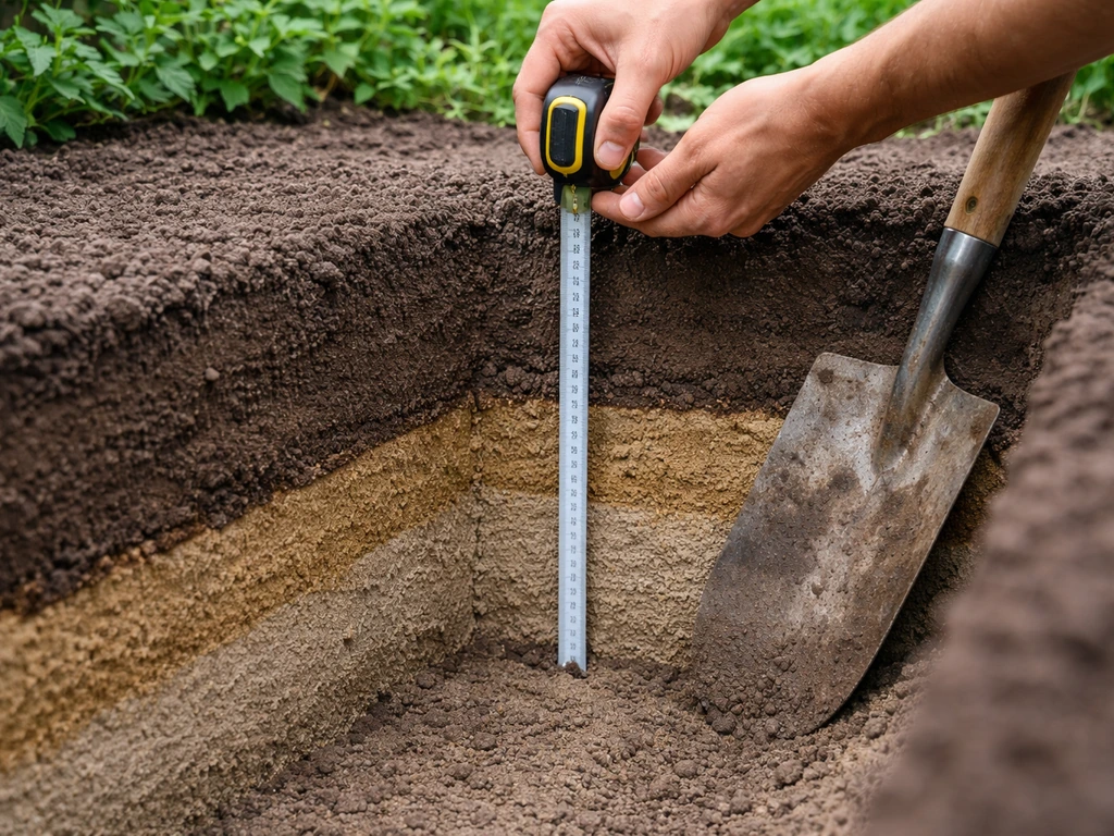 Rechte schep en meetlat bij een laag teelaarde-drainageopbouw die 30–40 cm aangeeft voor een gazon
