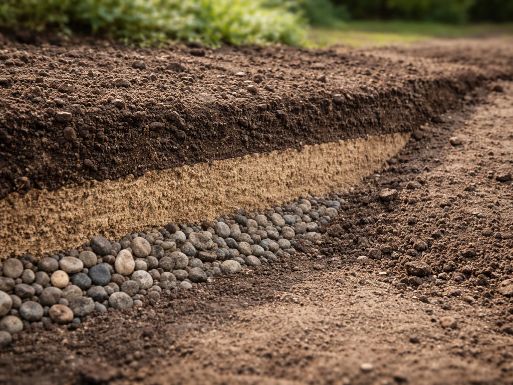 Zijaanzicht van drainage, zand en teelaarde met licht hellend afschot richting afwatering.