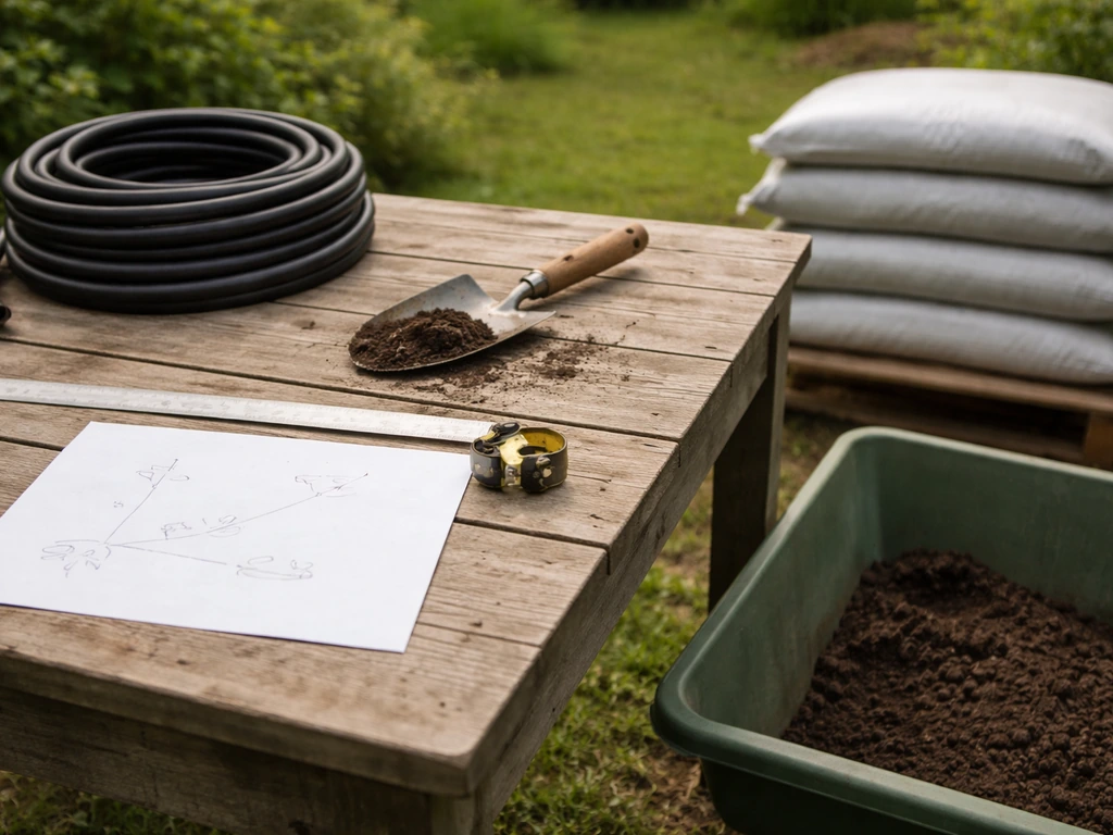 Tuinierwerktafel met meetlint, schep en teelaarde voor snelle berekening van m³ grond.