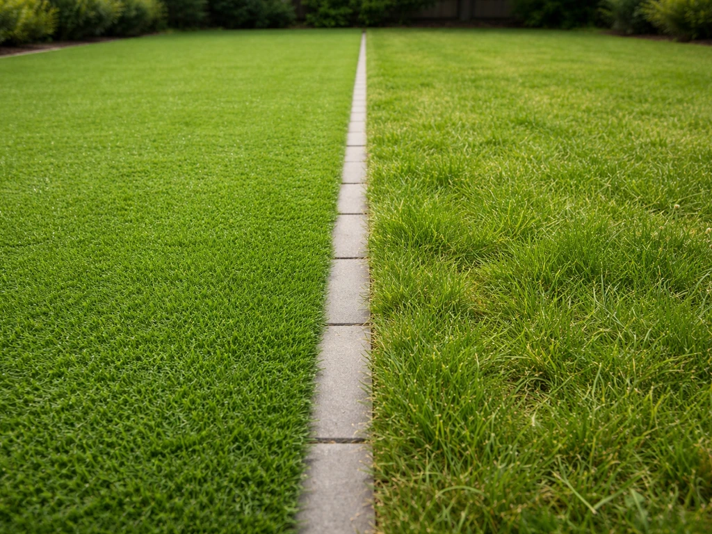 Tuin met twee naast elkaar liggende stroken: kunstgras en echt gras met duidelijke overgang, natuurlijke uitstraling.