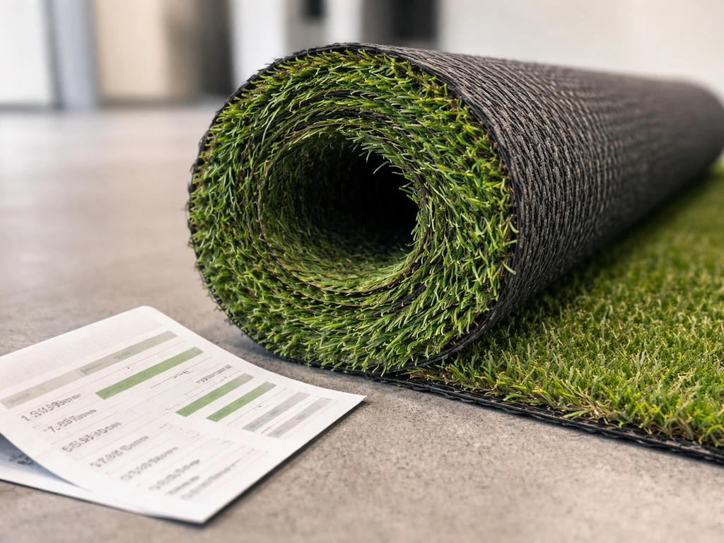 Close-up van kunstgras en een label met onscherpe specificatie-informatie rond ‘Qatar’.