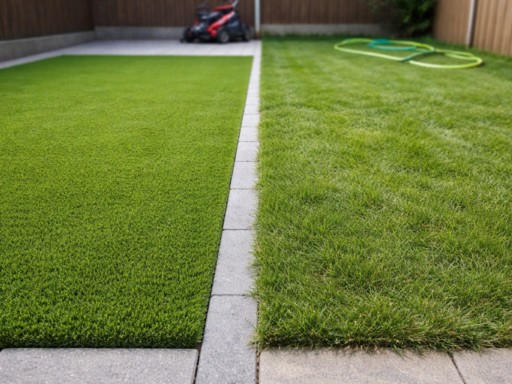 Twee gazons naast elkaar: netjes kunstgras links en echt gras rechts met maaier en tuinslang op de achtergrond.