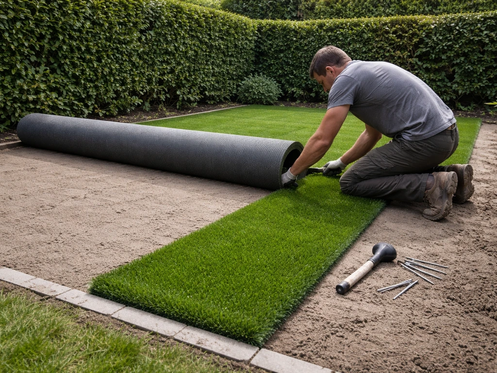 Een tuinwerker rolt kunstgras uit op een vlakke ondergrond en zet het vast, stap voor stap.