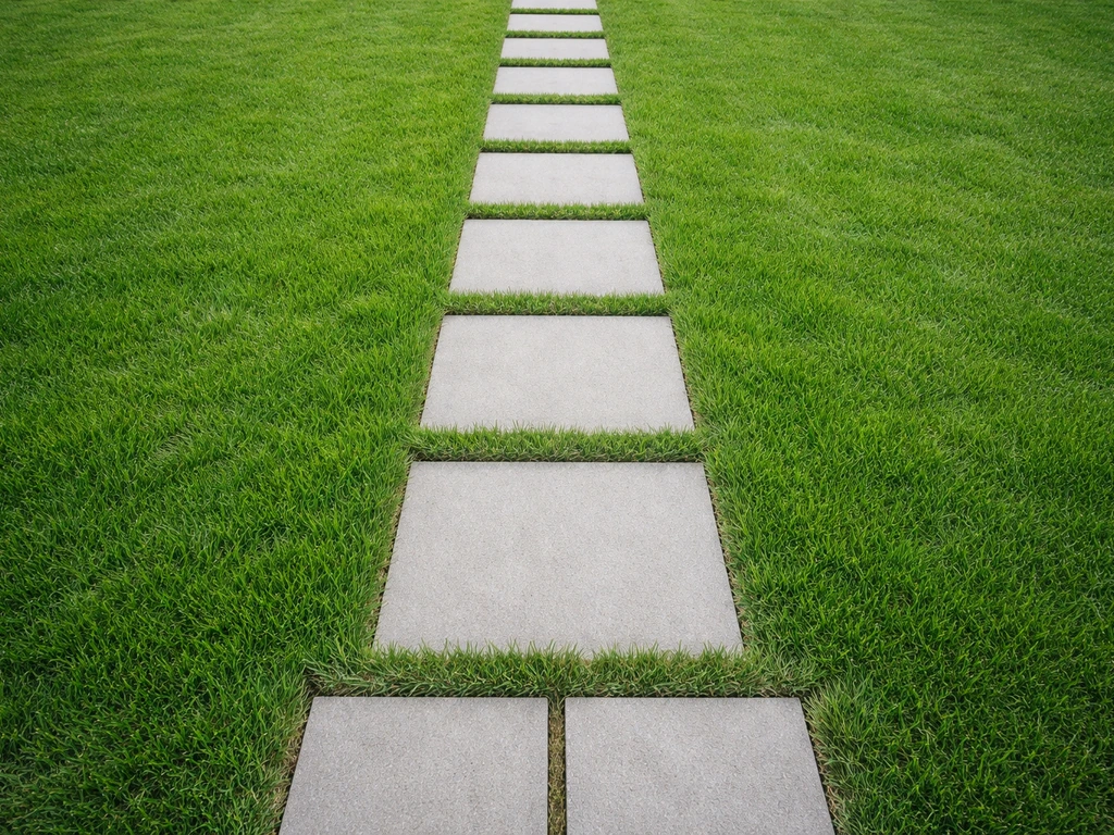 Bovenaanzicht van een strak tuinpad van stapstenen in een groen gazon, gelijk liggend en netjes afgewerkt.