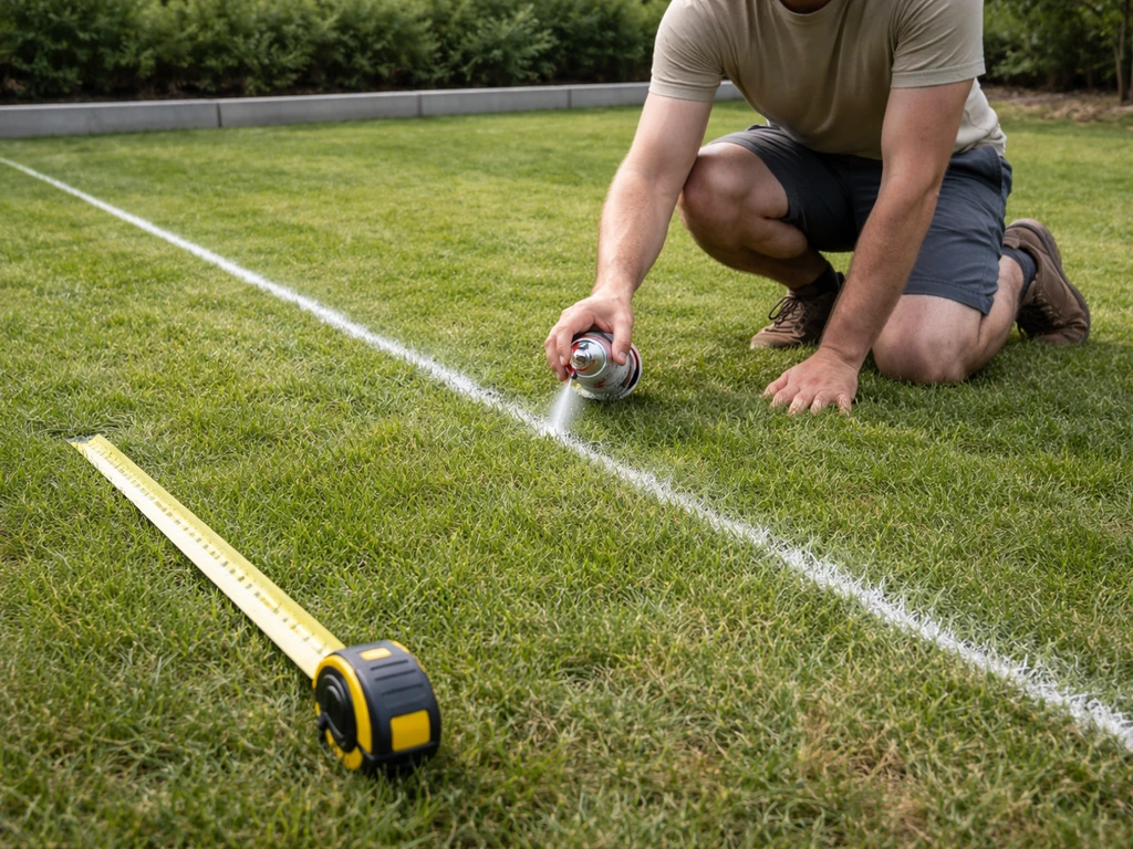 Tuinman meet en markeert met meetlint en spuitverf-lijn de locatie van stapstenen op gras.