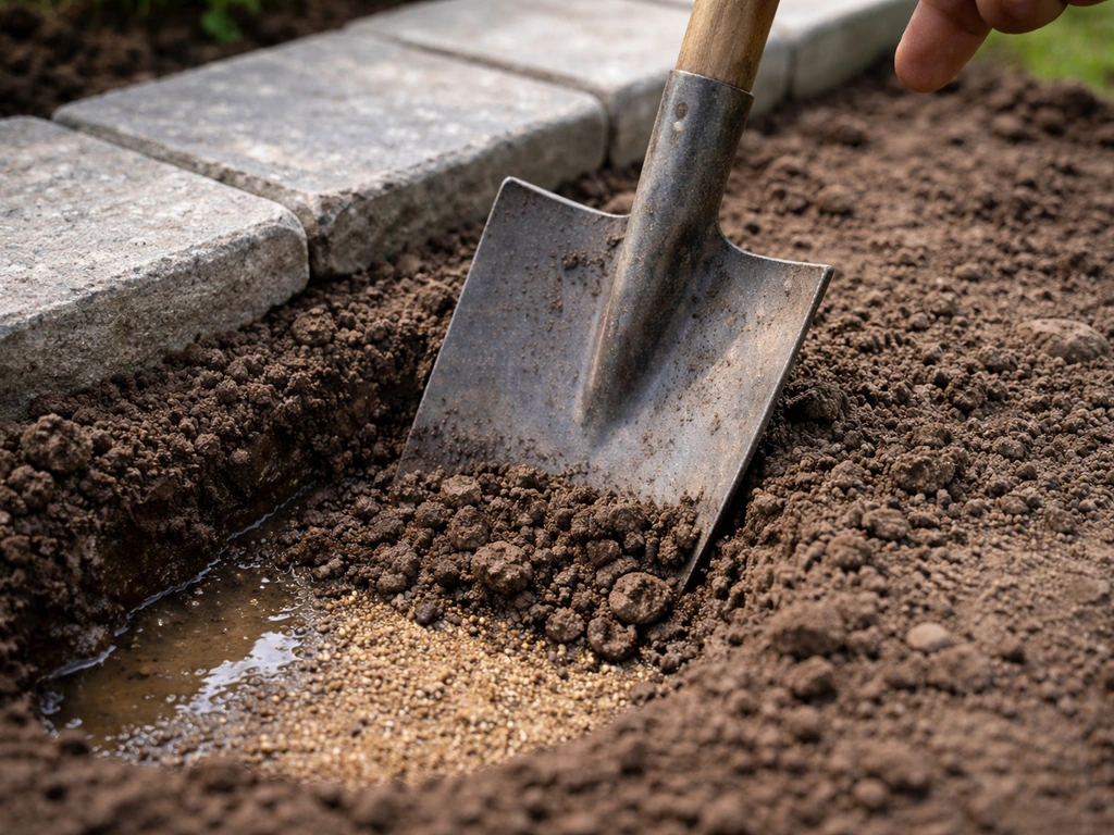 Schop prikt in natte, kleiige grond bij een geplande steen; zicht op bodemtextuur en afwatering.