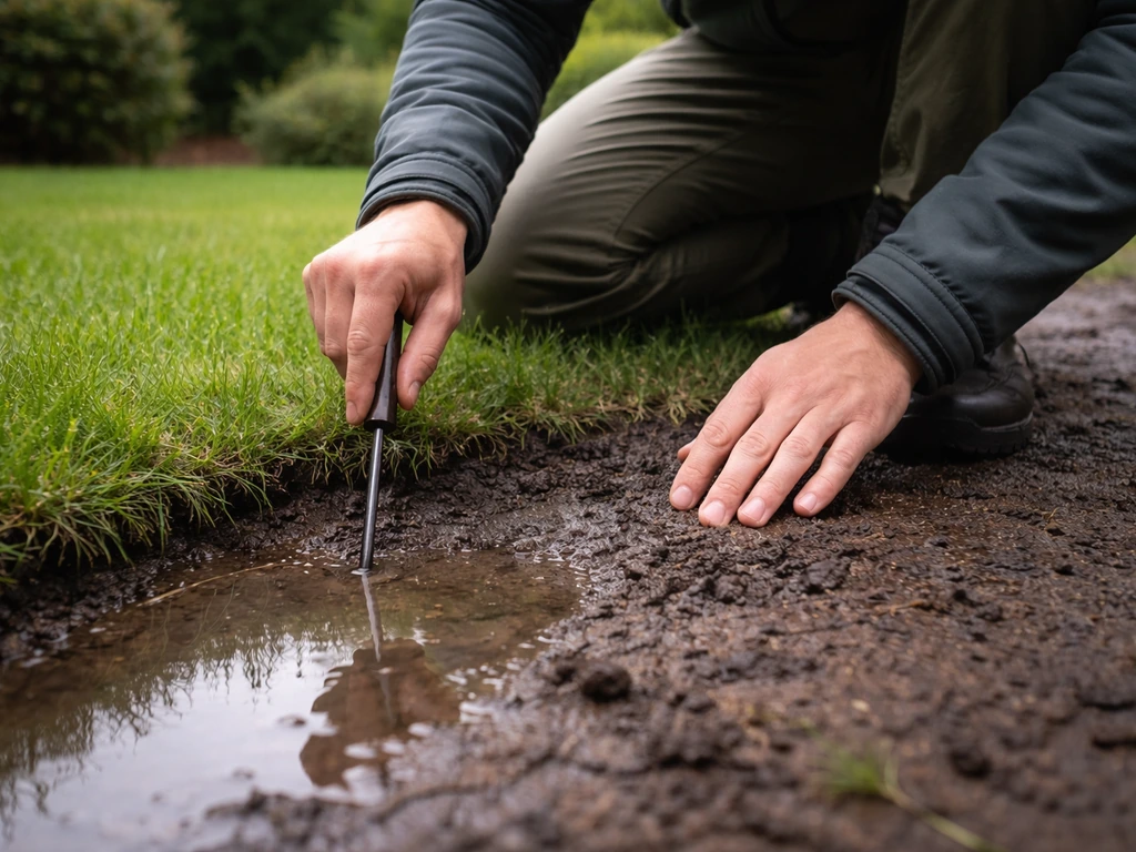 Tuinman prikt met schroevendraaier in natte bodem en checkt plasje en wegzakkende grond na regen.