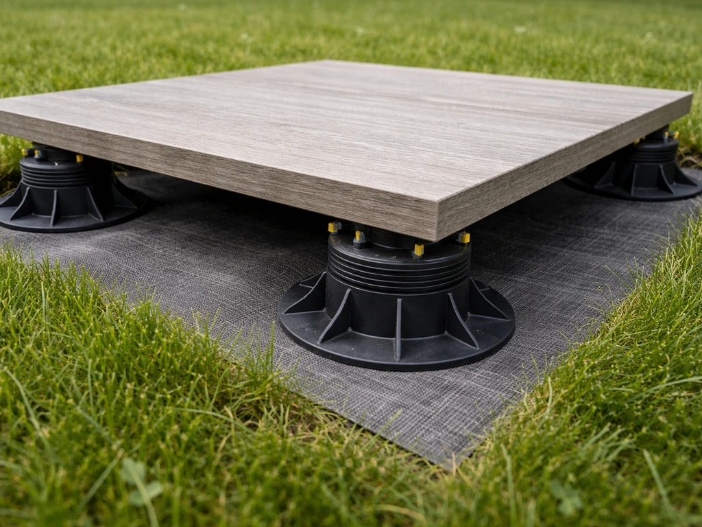 Detail van verstelbare tegeldragers op gras met onderlegmateriaal en anti-worteldoek zichtbaar onder een tegel.