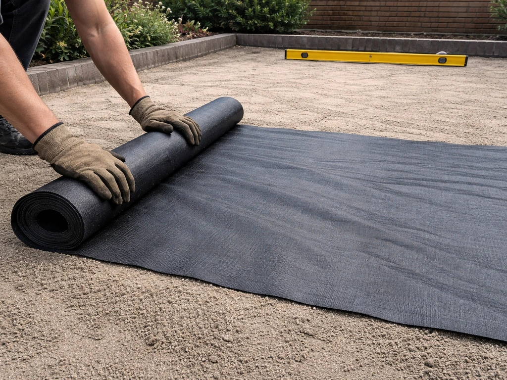 Tuinwerker legt een anti-worteldoek op verdichte zand/egaliseerlaag na het verwijderen van gras
