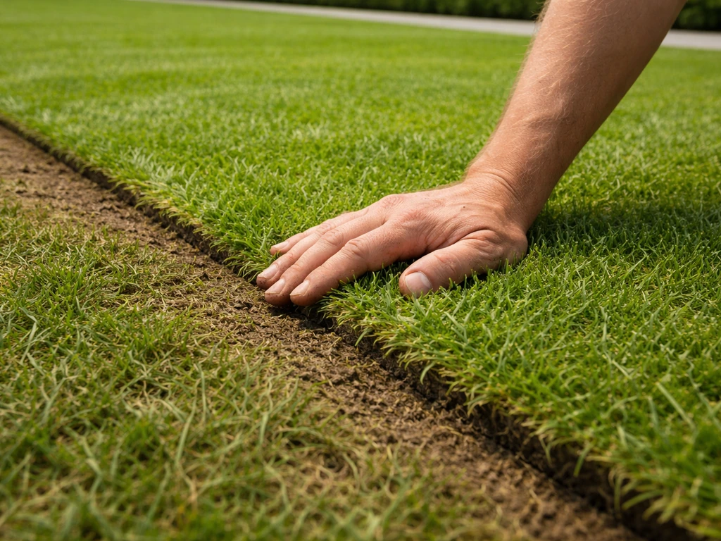 Strak nieuw gazon met grasmatten die zijn aangesloten op bestaand gras, met nette rand en overgang in een tuin