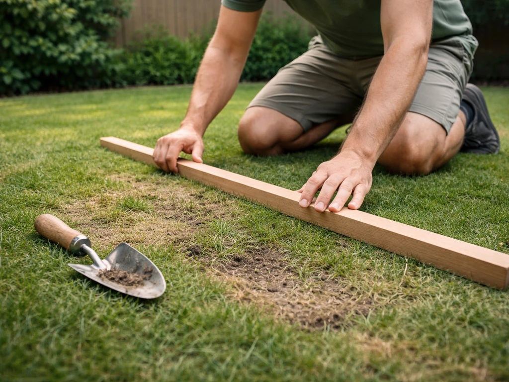 Huiseigenaar beoordeelt met schepje en liniaal de vlakheid en kale plekken van het gazon in de tuin