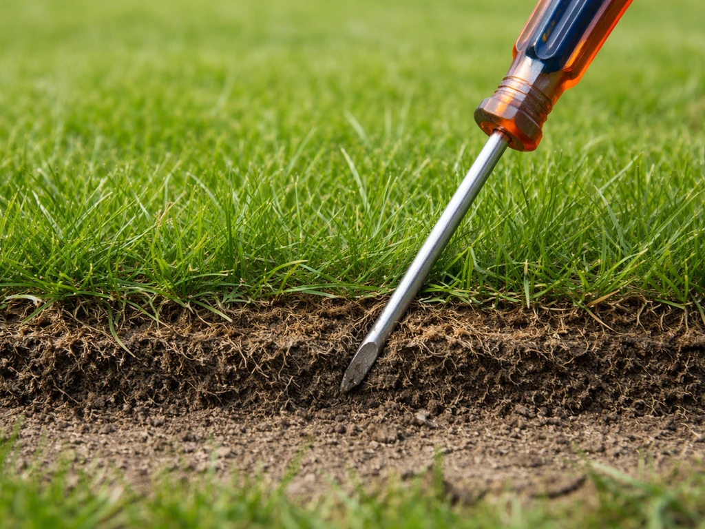 Close-up van een schroevendraaier die in gras wordt gestoken, met zichtbare bruinige viltlaag tussen gras en grond.