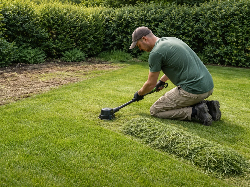 Tuinier met trimmer maait bestaand gras en legt afgeknipte grasresten netjes opzij in een werkzone